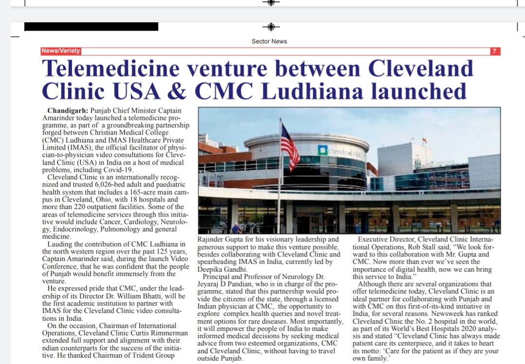 Telemedicine ventue between Cleveland Clinic USA & CMC Ludhiana Launched